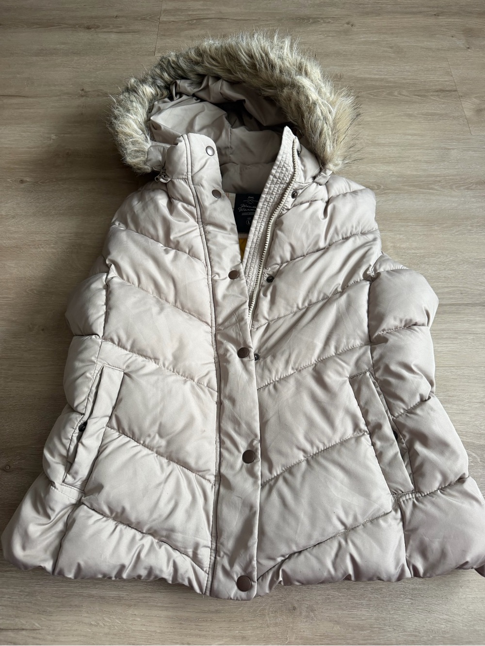 GAP Tan Puffer Vest with Faux Fur Hood Adjustable Waist SZ L
